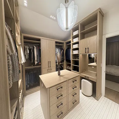 walk-in closet shoe shelves and peninsula drawers storage